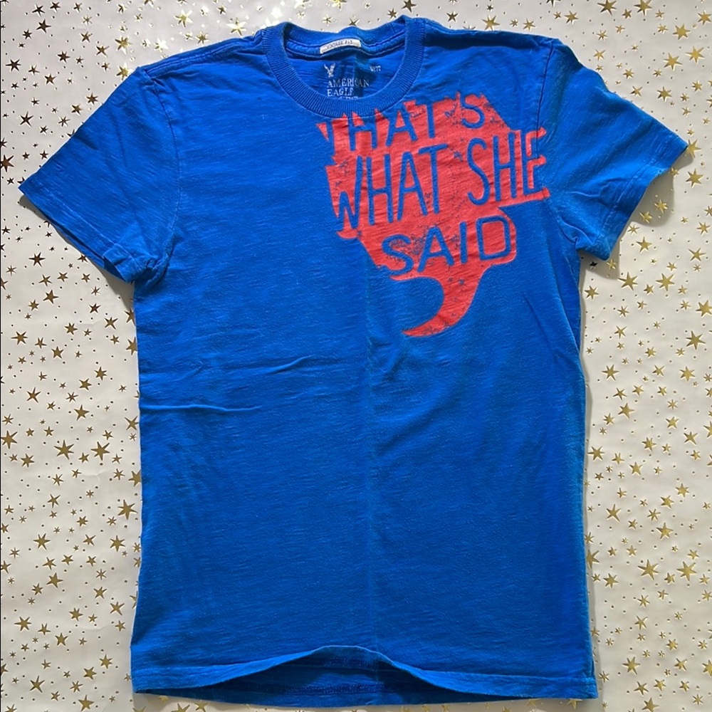 American Eagle Outfitters Blue Short Sleeve Tee with Red Graphic Design